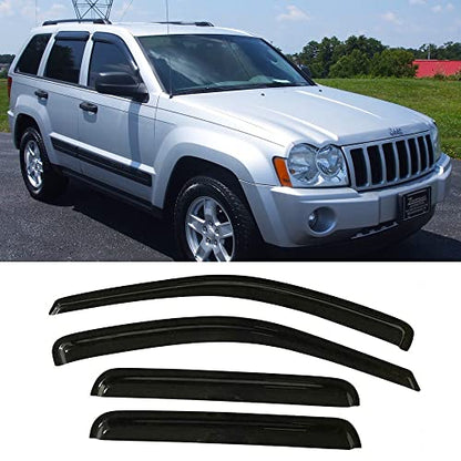 94243 Side Window Visor Wind Vent Deflector fit for 2005-2010 Jeep Grand Cherokee,4pcs Window Shades, Out-Channel Nice Looking Tape-on Sun Rain Guards - size: 2005-2010 Grand Cherokee Outside Mount