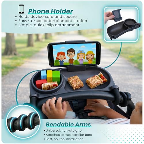 Swanoo Universal Stroller Snack Tray with Phone Holder | Compatible with Nuna Mockingbird Bugaboo Uppababy | Stroller Bumper Bar Tray Attachment | Baby Toddler Disneyland -Single Pack - color: Snack Tray With Phone Holder Black