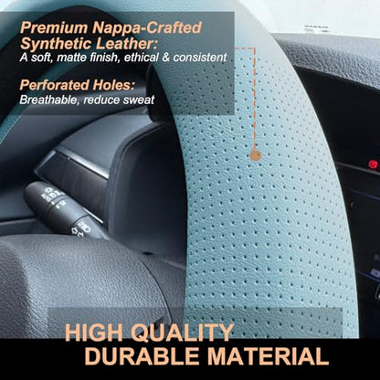 PINCTROT D Shaped Nappa Leather Steering Wheel Cover, Slim Fit No Bulk Design, One Piece Leather with Breathable Perforation, Fit Like Gloves, Flat Bottom 14.5-15 Inch(Nappa Aqua) - color: 10.Aqua, size: D Shaped/Flat Bottom[14 1/2''-15'']