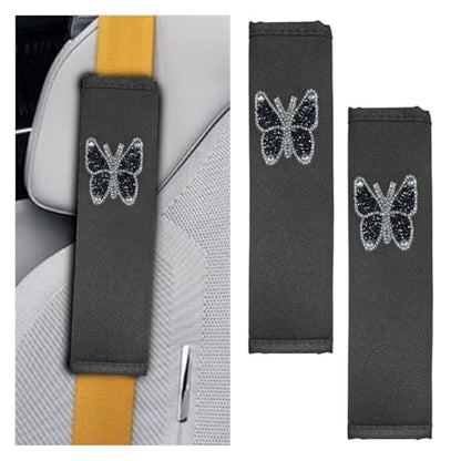 2PCS Bling Car Seat Belt Covers, Polyester Fiber Vehicle Seatbelt Cushion Pad Protector, Crystal Butterfly Safe Strap Cover Pad, Comfort Car Seat Belt Shoulder Pads Accessories, Universal Fit (Black) - color: Black