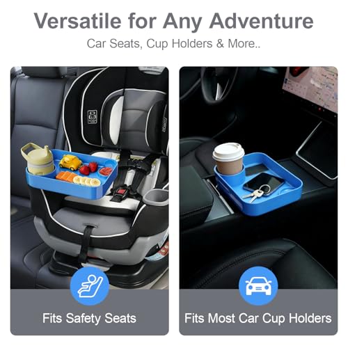 Car Seat Snack Tray for Toddlers - 3 Inch Cup Holder Fits Most Sippy Cups & Straw Bottles with Dip Well, Mess-Free Square Kids Travel Tray Road Trip Essentials, Blue - color: Blue
