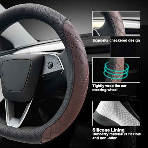 LKWLIKEI Leather Steering Wheel Cover. Elegant Diamond Checkered Design, Non-Slip and Breathable, for Tesla Model 3/Y Steering Wheel Protector,Black Brown - color: Black Brown