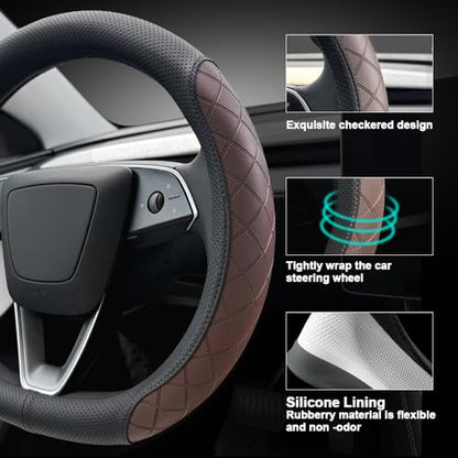 LKWLIKEI Leather Steering Wheel Cover. Elegant Diamond Checkered Design, Non-Slip and Breathable, for Tesla Model 3/Y Steering Wheel Protector,Black Brown - color: Black Brown