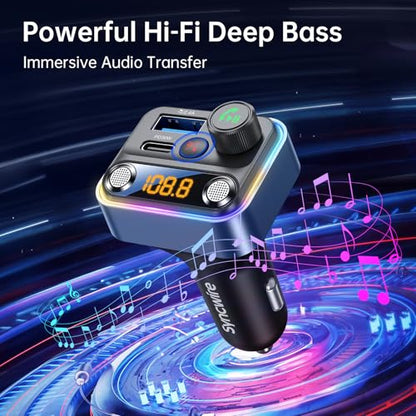 Syncwire Bluetooth 5.4 FM Transmitter Car Adapter 42W [Light Switch] [Stronger Dual Mics] [HiFi Bass Sound] [Fast Charging] Wireless FM Radio Music Adapter Hands-Free Calling Support USB Drive, Blue - color: Blue