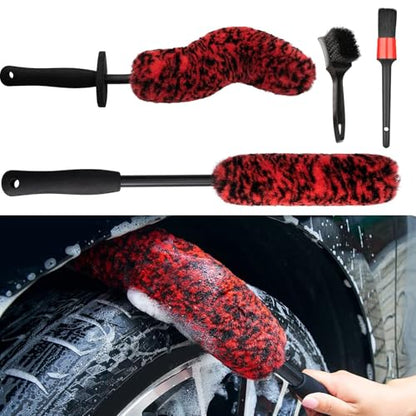 4PCS Wheel Brush Kit for Cleaning Wheel and Tire, Wheel and Rim Brush, Car Detailing Brushes, 360 Degree Bendable & Durable Car Wheel Rim Cleaner Brush Set (Red) - color: Red