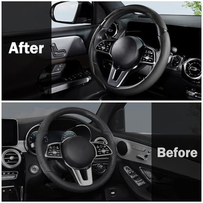 Car Steering Wheel Cover Leather Snap On 3Pcs Set Non-Slip Protector Wrap Steering Wheel Accessories 14.5-15 inch Universal Black - color: Black A