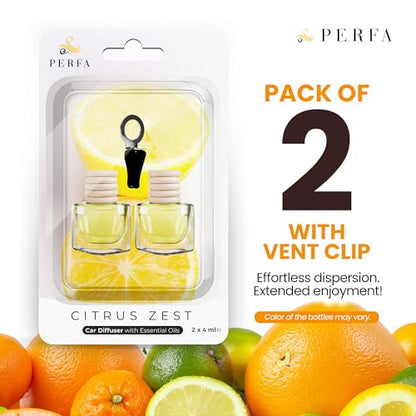 Citrus Lemon Car Air Freshener | Hanging Car Freshener with Vent Clip | Long Lasting Diffuser, Slow-Release Aroma Technology, Adjustable Scent Intensity | Premium Scented Interior Perfume by Perfa