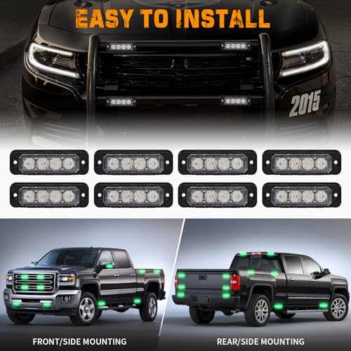 XRIDONSEN 8PCS Sync Truck Grill Strobe Lights 32 LED Green Emergency Lights Grille Surface Mount Strobe Flashing Warning Hazard Caution Safety Light for Tow Plow Trucks Construction Vehicles Car - color: Green