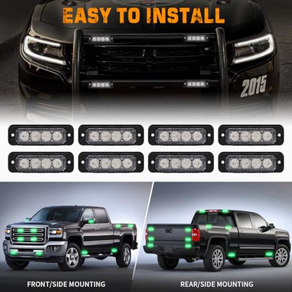 XRIDONSEN 8PCS Sync Truck Grill Strobe Lights 32 LED Green Emergency Lights Grille Surface Mount Strobe Flashing Warning Hazard Caution Safety Light for Tow Plow Trucks Construction Vehicles Car - color: Green