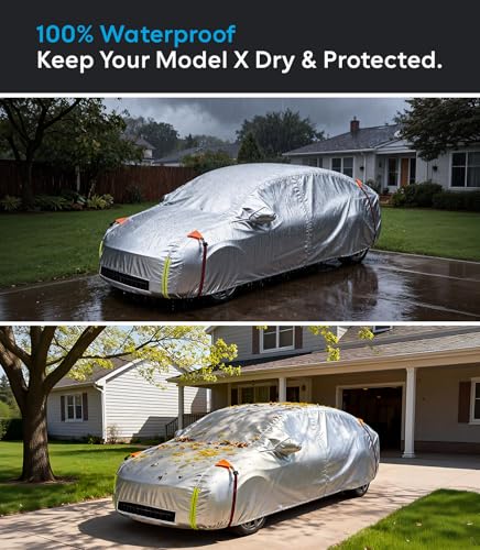 Wigoo Tesla Model X Car Cover Accessories 2015-2026, Custom Fit Waterproof All Weather Outdoor Full Car Cover, Windproof UV Rain Snow Dust Protection, Door Zipper, Charging Port, Ventilated Mesh - size: For Model X (2015-2026)