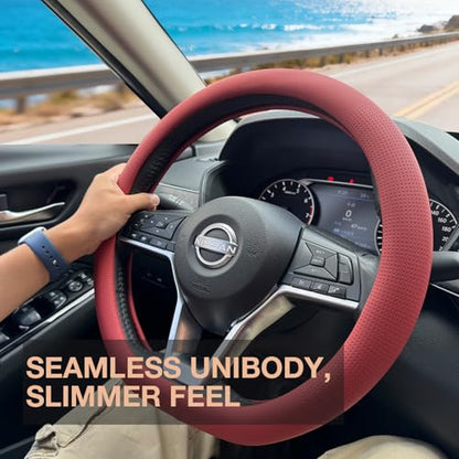 PINCTROT D Shaped Nappa Leather Steering Wheel Cover, Slim Fit No Bulk Design, One Piece Leather with Breathable Perforation, Fit Like Gloves, Flat Bottom 14.5-15 Inch(Nappa Rust Red) - color: 02.Rust Red, size: D Shaped/Flat Bottom[14 1/2''-15'']