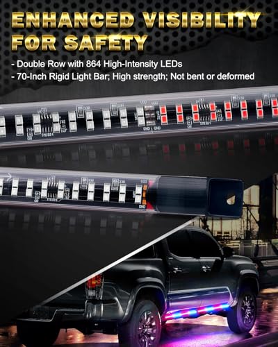 LUMENIX 70 Inch Emergency Running Board Rigid Strobe Lights Strip Bar 864 LED Flashing Warning Police Light with Controller for Cop Vehicles Trucks Pickups Cars - Red and Blue - color: Red and Blue