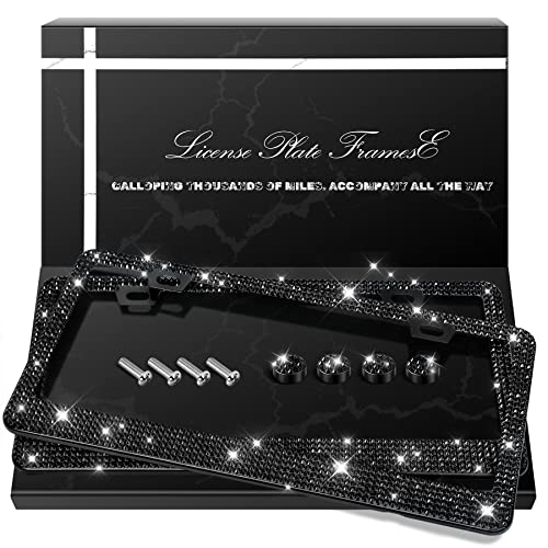 QUANQIUFEI 2 Pack Bling License Plate Frames, Sparkly Rhinestone Diamond Car License Plate Cover for Women, Stainless Steel Car Accessories with Glitter Crystal Caps (Black) - color: Black