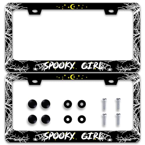 2pcs Personalise Spooky Girl License Plate Frame Gothic License Plate Frames Car Universal Stainless Steel Accessories Cars Decor with 2 Holes and Screws Fits Standard Us Vehicles Size 12.2 X 6 Inch - color: Spooky Girl