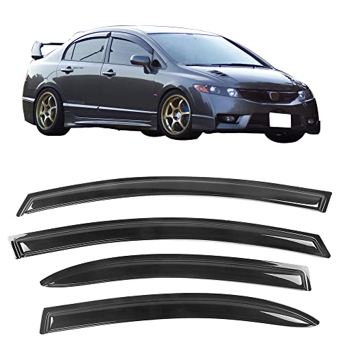 Tape on Window Visor Compatible with 2006-2011 Honda Civic Sedan Only, Slim Style Acrylic Smoke Tinted Sun Rain Wind Guards Shield Vent Wind Deflector by IKON MOTORSPORTS, 2007 2008 2009 2010 - color: Slim Style Smoke/Tinted