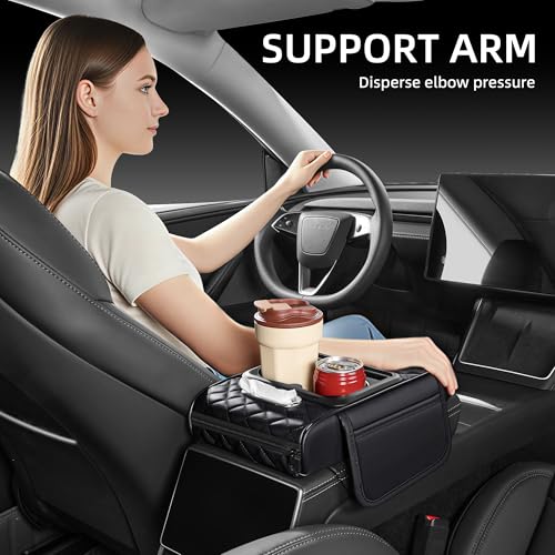 5 in 1 Car Center Console Cover, Armrest Pad with 2 Storage Pockets, Cup Holder, Tissue Box Slot, Phone Holder, Universal Car Interior Organizer (Black) - color: Black