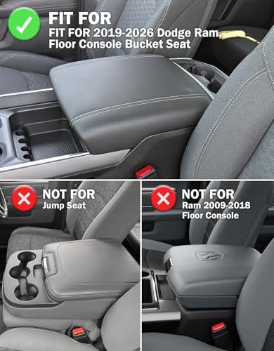 KBH Center Console Armrest Cover for Dodge Ram 1500 2500 3500 2019-2026, Floor Console Bucket Seat, Customized Front Arm Rest Lid Cushion Pad, Vinyl Leather, Anti-Scratch, Black