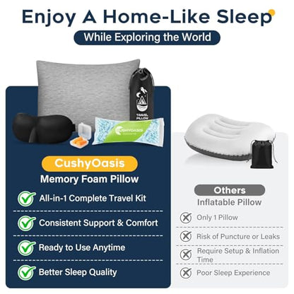 CushyOasis All-in-1 Camping Pillow Set - Shredded Memory Foam Neck Pillow Travel Pillow with Eye Mask, Earplugs, Washable Cover, Compact for Backpacking, Camping, Flights, Car Travel (Medium Size) - size: Medium