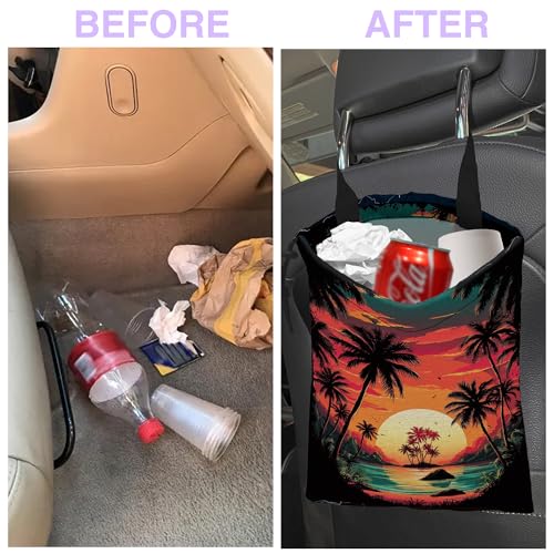 Car Trash Bag Hanging Palm Trees Sunrise Beach Landscape Car Trash Can for Back Seat Waterproof Car Garbage Can with Adjustable Straps and Drawstring for Car Accessories Vehicle Travelling Camping - color: Palm Trees Sunrise Beach Landscape
