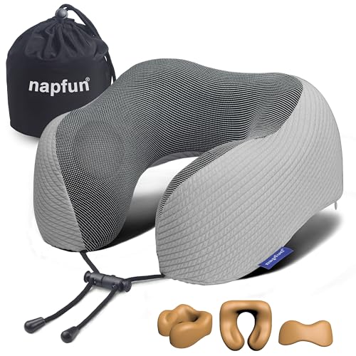 napfun Neck Pillow for Traveling, Upgraded Travel Neck Pillow for Airplane 100% Pure Memory Foam Travel Pillow for Flight Headrest Sleep, Portable Plane Accessories, Mist Gray - color: Mist Gray