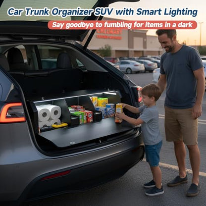Trunk Organizer SUV with LED Light, Waterproof Leather Car Trunk Storage Organizer with Lights, Large Capacity Sturdy Car Storage Box Powered by 4 AA Batteries (Batteries Not Included) - size: LED-Lit Upgrade