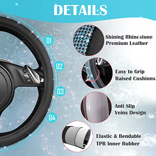 CAR PASS Mint Diamond Black Leather Steering Wheel Cover, Bling Blue Crystal Rhinestones Universal Fit 14"1/2-15" Crystal Glitter for Women Sparkle Girl Fit Suvs,Vans,Sedans,Cars,Trucks, Mint Diamond - color: Mint Diamond