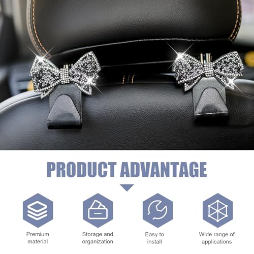 2 PCS Bling Bow Car Seat Headrest Hooks, Cute Rhinestone Bow Seat Back Hanger, Universal Vehicle Rear Seat Crystal Hook for Handbag, Clothes, Coats, Grocery Bags (Black) - color: Black