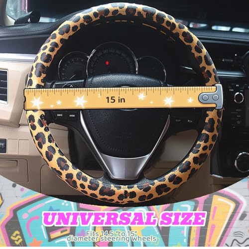 Universal Leather Leopard Cheetah Steering Wheel Cover Women 14.5-15 inch Leopard car Accessories Western Anime Brown Cute Wheel Cover Hip Hop Anti-Slip Car Protecter for Men - color: Leopard Print