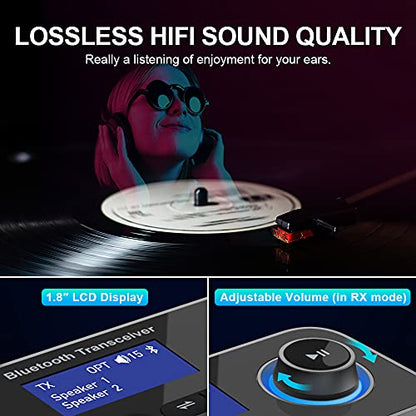 Bluetooth 5.3 Transmitter Receiver for 2 Headphones 3-in-1 Audio Adapter with Bypass Low Latency LCD Display ON/OFF Switch Volume Control Optical AUX RCA for Headphone Speaker TV Home Stereo - color: Black Grey