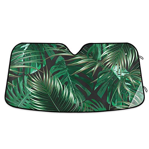 Tropical Monstera Leaves Car Windshield Sun Shade Block UV Rays Sun Visor Protector Accordion Folding Sunshade Keep Vehicle Cool & Damage Free, Easy to Use, Fits Windshields of Various Sizes - color: Green-tropical monstera leaves
