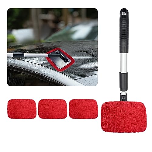 Ziciner Car Windshield Cleaner, Microfiber Auto Cleaning Wiper with Aluminum Extendable Handle and 2 Washable Reusable Cloth Pad Head, Universal Vehicle Interior Exterior Cleaner Kit (Red-Rectangle) - size: Red-rectangle
