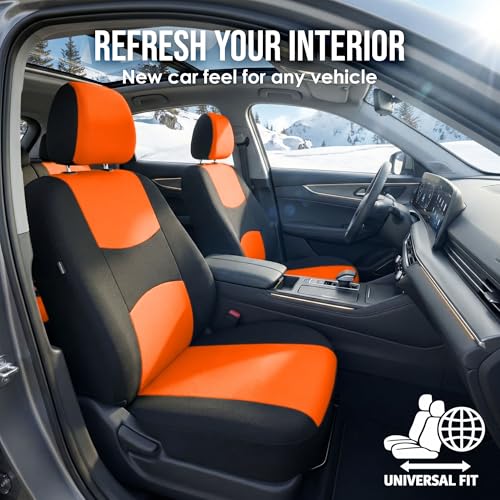 FH Group Car Seat Covers Full Set Cloth - Universal Fit Automotive Seat Covers, Low Back Front Seat Covers, Solid Back Seat Cover, Washable Car Seat Cover for SUV, Sedan and Van Orange - color: Orange, style: Seat Cover Full Set