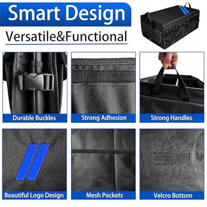 YOSRTER Car Trunk Organizer for Dodge Charger Durango Challenger Ram Collapsible Storage Box with Handle Foldable Lid Non Slip Bottom 2 Compartment Sturdy Base Panel Blue Trim - color: Blue Trim