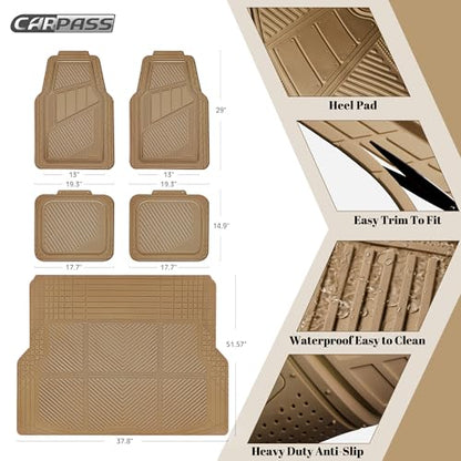 CAR PASS Heavy Duty Rubber Floor Mats Gray Car Mats Full Set with Trunk Cargo Liner - Universal Waterproof Floor Mats for Car SUV Truck, Durable All Weather Automotive Liner Mats (All Beige) - color: Beige Cargo Liner
