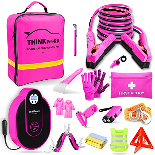 THINKWORK Car Emergency Kit for Teen Girl and Lady's Gifts, Pink Emergency Roadside Assistance kit with Digital Air Compressor, 10FT Jumper, First Aid Kit, and More Ideal Pink Car Accessories Tool -E7 - color: Pink