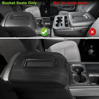Muslogy Center Console Armrest Cover Fit for Chevy Silverado & GMC Sierra 1500 2500 3500 2014-2018 Accessories, Comfort Armrest Pad Console Lid Cushion Vegan Leather Regular Thick(Bucket Seat ONLY) - size: 1) 14-18 |Silverado & Sierra| Bucket Seat, Regula