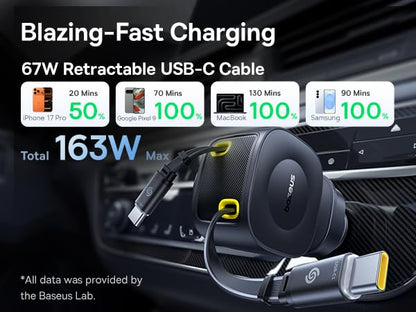 Baseus 163W Retractable Car Charger USB C Fast Charging, PrimeTrip VR2 Max 4 in 1 Fast Car Charger with Dual Retractable USB C Cable for iPhone 17 16 15 Pro Max, Samsung Galaxy S25 Ultra, Android - color: 163W