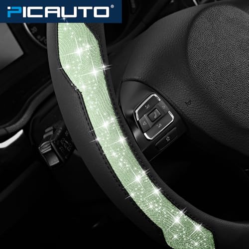 PIC AUTO Steering Wheel Cover, Green Sparkly Crystal Bling Glitter with Leather, Universal Fit 14.5"-15.5" Car Steering Wheels for Girls & Women, Anti-Slip Wheels Cover for Cars, Trucks, Van, SUVs - color: Green Glitter