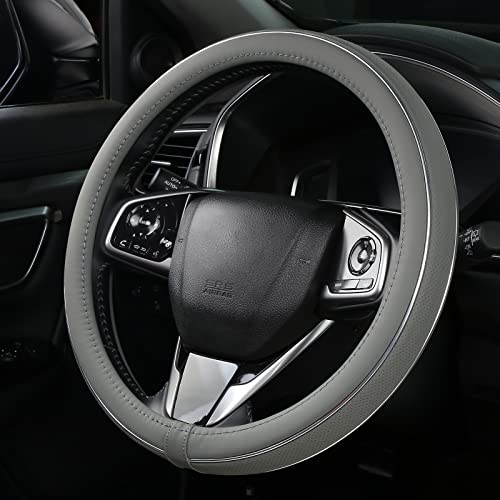 ALEMODR Gray Leather Steering Wheel Cover Silver Fiber Strip Car Steering Wheel Cover Universal 15 inch for Men - color: Gray