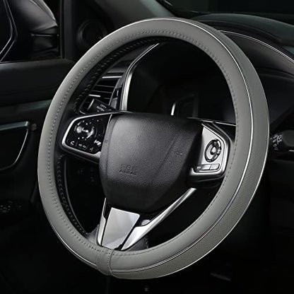 ALEMODR Gray Leather Steering Wheel Cover Silver Fiber Strip Car Steering Wheel Cover Universal 15 inch for Men - color: Gray