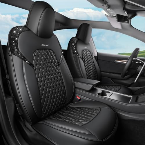 CAR PASS Car Seat Covers for Tesla Model 3 Nappa Leather Bling Diamond Car Seat Protector Full Coverage Airbag Compatible Custom Fit 2017 2018 2019 2020 2021 2022 2023 2024, Black Rhinestone Full Set - color: Black Diamond for Tesla, size: Full Set