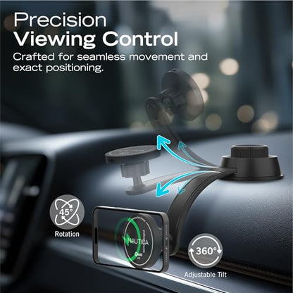 Nautica Turan QMAG Lite Wireless Magnetic Car Charger 15W, Universal Fast Charging Phone Mount, Dashboard & Vent Mount, 360° Rotation for iPhone 17, Galaxy S25, Pixel 10 & More Travel Accessories