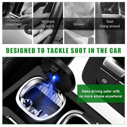Ohleats Car Ashtray, Detachable Stainless Steel Smokeless Ash Tray with LED Blue Light, Auto Ashtray with Lid Smell Proof Weed for Most Vehicles, Universal Interior Car Accessories