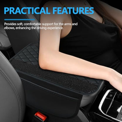 Bling Leather Car Center Console Cover, 12.2"×7.48" Crystal Rhinestone Automotive Arm Rest Cover with Side Pockets, Universal Vehicle Armrest Protector, Interior Car Accessories (Black) - color: Black