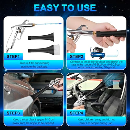 2 Nozzles Air Cleaning Gun, Dry Cleaning Gun Quickly Blasts Dust, Dirt and Grime from Surface, Dryer Air Blow Gun Works with Air Compressor, Car Detailing Tool for Interiors Exteriors Deeply Cleaning