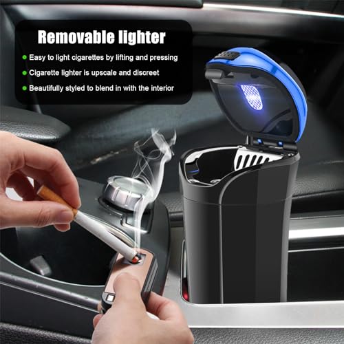Car Ashtray with Lid, Detachable USB Rechargeable Auto Cigarette Lighter with Blue LED Light, Portable Smell Proof Stainless Car Ash Tray, Mini Automotive Trash Can (Blue) - color: Blue