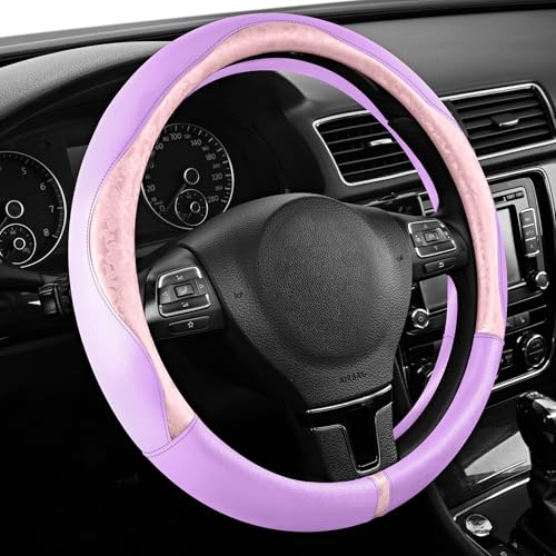 PIC AUTO Steering Wheel Cover, Pink Patterned & Light Purple Leather Patchwork Design, Universal Fit 14.5"–15.5", Anti-Slip, Soft PU Grain Leather, Durable Grip Car Accessory for Girls & Women - color: Pink & Light Purple