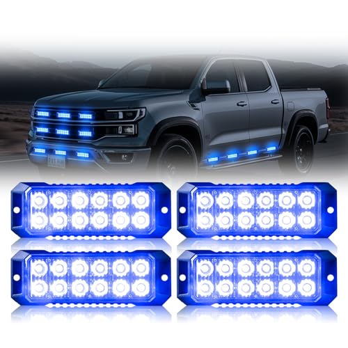 4PCS 12-LED Strobe Lights Ultra Slim Grille Surface Mount Flashing Emergency Safety Warning Lights Sync Feature Hazard Emergency Lights for Vehicles Trucks Cars Firefighter (Blue) - color: Blue 4PCS, size: 4PCS