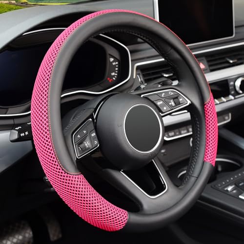 KAFEEK 15 inch Steering Wheel Cover, Cooling Ice Silk Mesh with Microfiber Leather, Heat Resistant, Breathable, Anti-Slip, Summer Cool, Universal Fit, Black & Red - color: red, size: Standard Size[14.5"-15"]