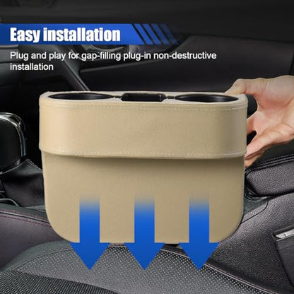Car Cup Holder, Auto Front Seat Organizer, Multifunctional Cup Drink Holders with PU Leather Cover, Gap Filler Storage Box Coin Bucket Console Side Pocket Cell Mobile Phone Holder (Beige) - color: Beige